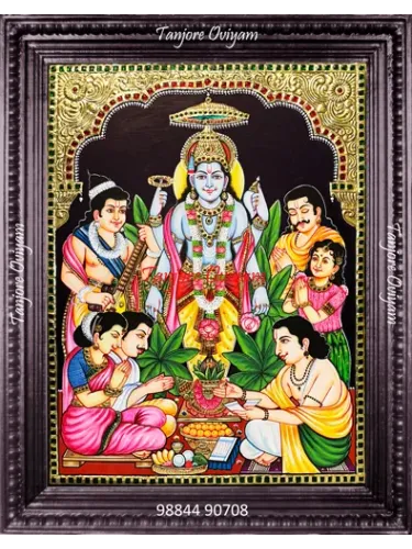Sathyanarayana Authentic Tanjore Style painting four armed conch discus mace lotus gold foil artwork